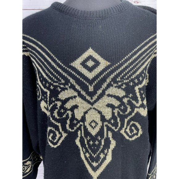 Vintage Adele 80's Cosey Black Acrylic and Gold Lurex‎ Brocade Design Sweater - Picture 4 of 10